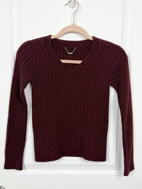 The Row Burgundy Ribbed Knit V-Neck Sweater XS